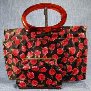 1950s Vintage Red & Black Satin Rose Fold Over Purse with Matching Wallet